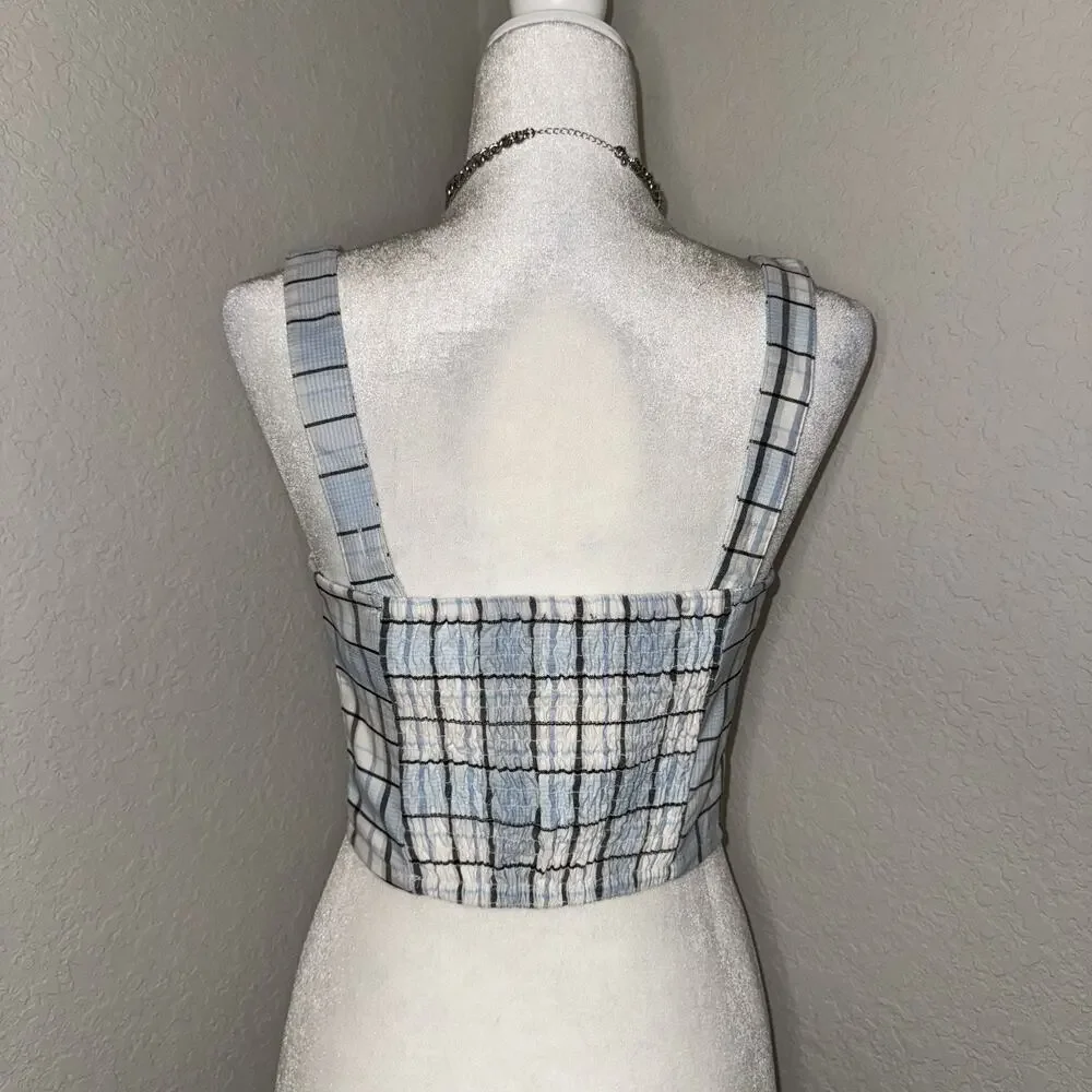 Forever 21 Crop Top Women's Small Blue Plaid Square Neck Smock Back Cottagecore - Picture 3 of 7